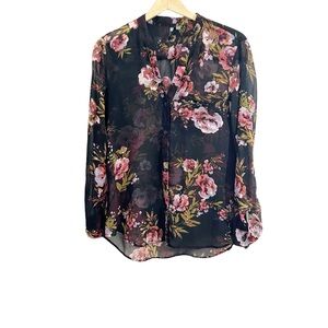 Kut From The Kloth Semi Sheer Button Down Blouse Black Multicolor Floral Print S